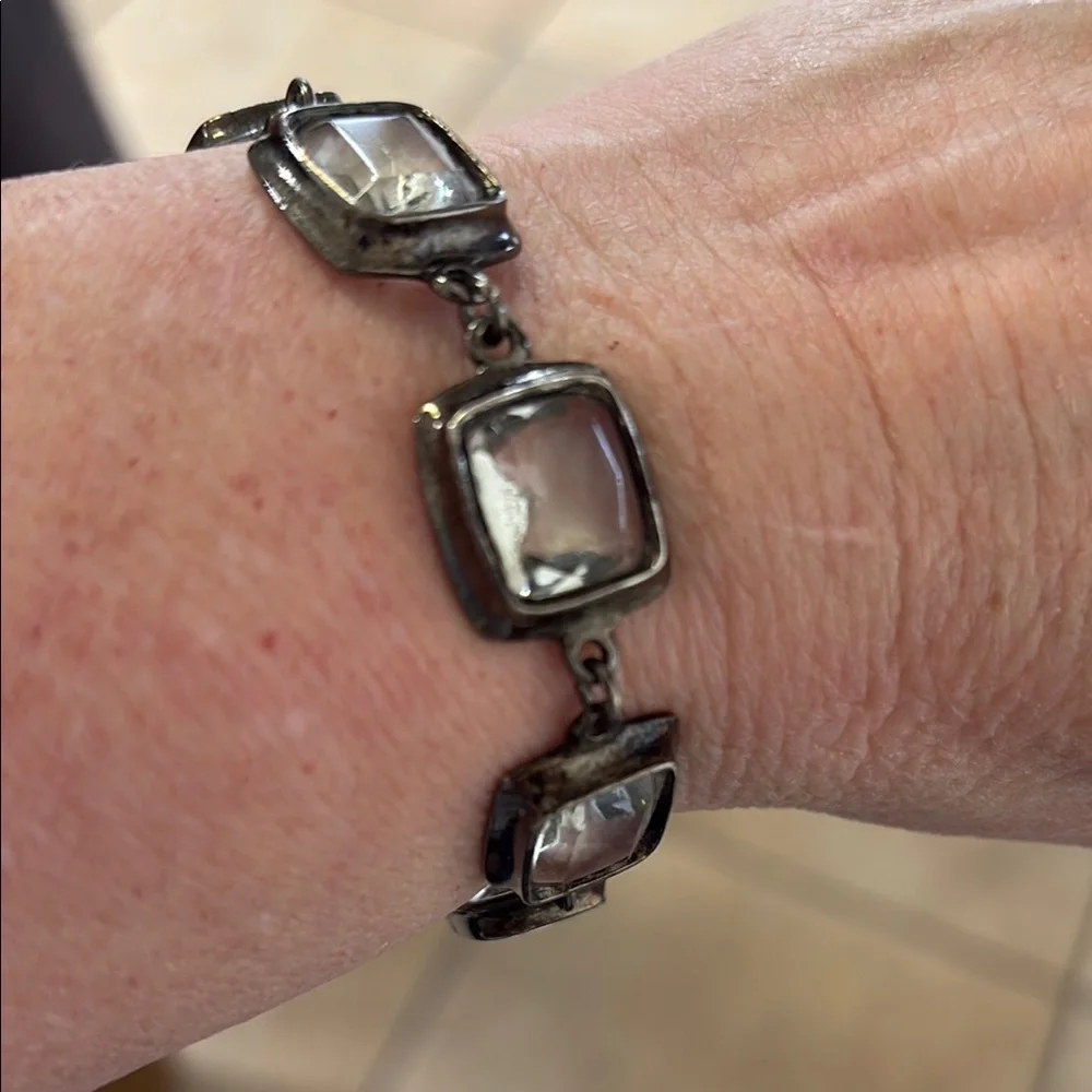 Clear Glass Square Silver Tone Link Bracelet - Picture 1 of 3